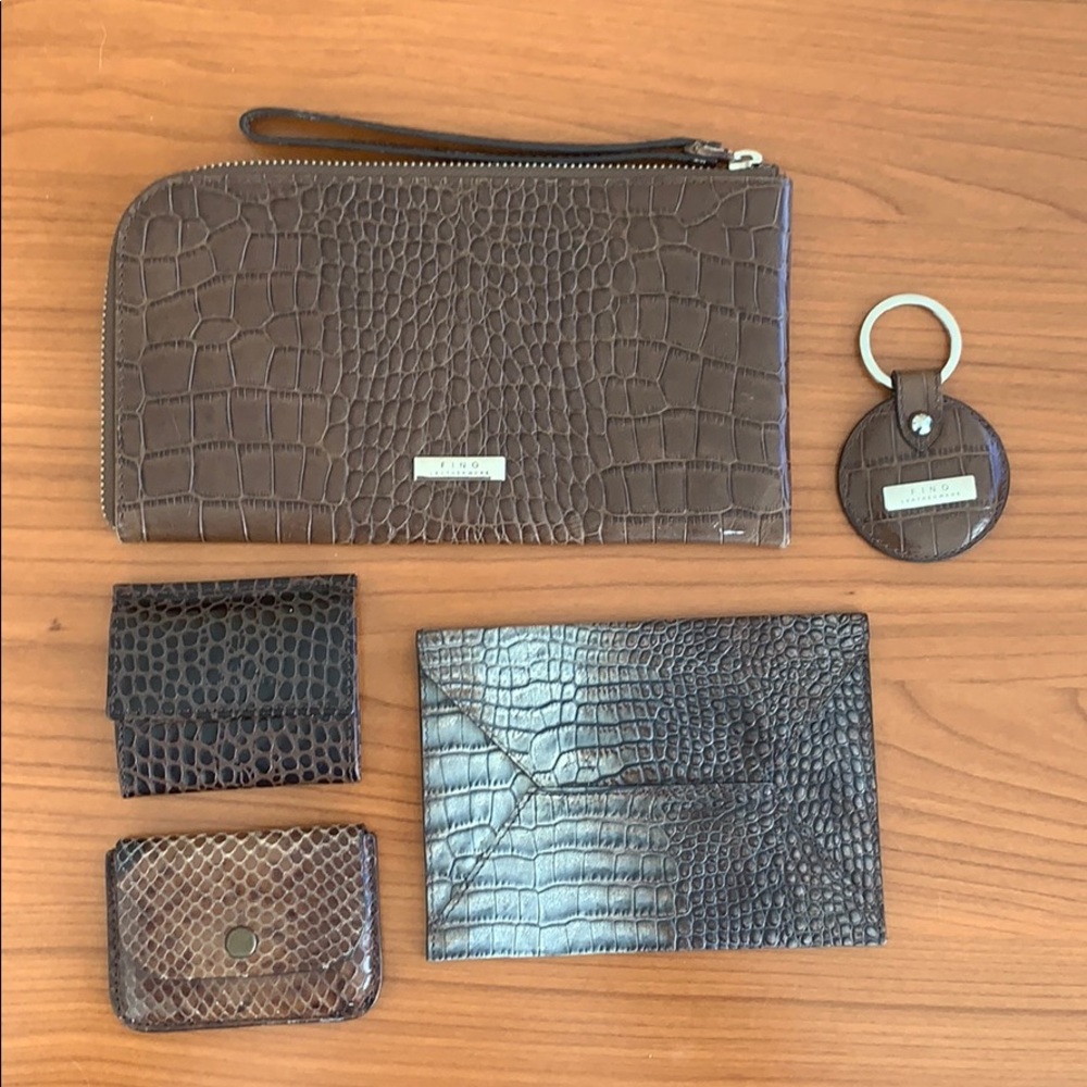 A set of wallet, pouch, key ring and coin purse